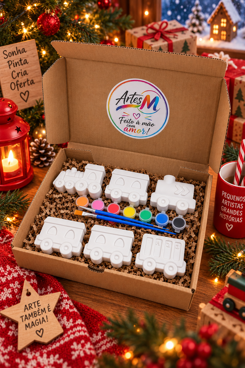 Caixa Criativa Comboio com peças de gesso para pintar, uma prenda de Natal criativa para crianças