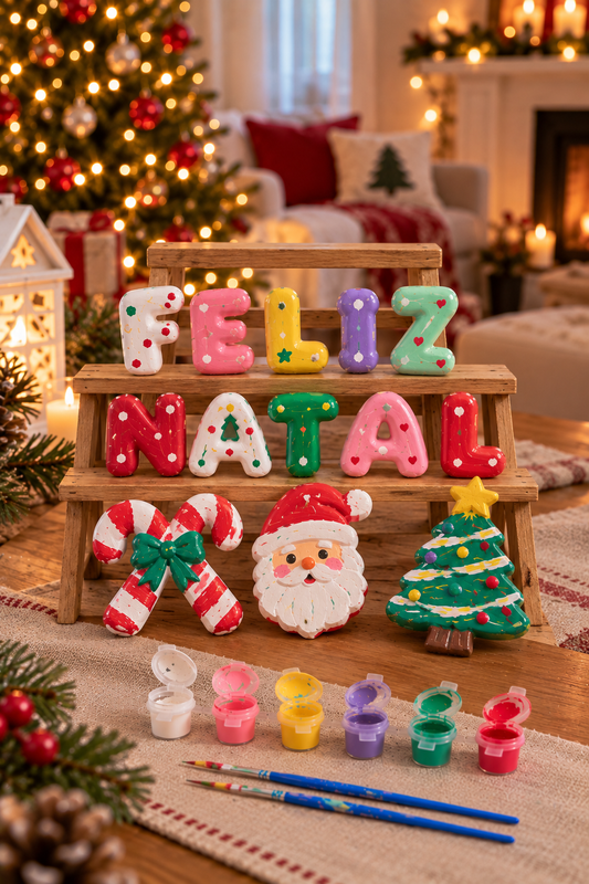 Letras Feliz Natal e figuras de Natal em gesso pintadas como decoração de Natal
