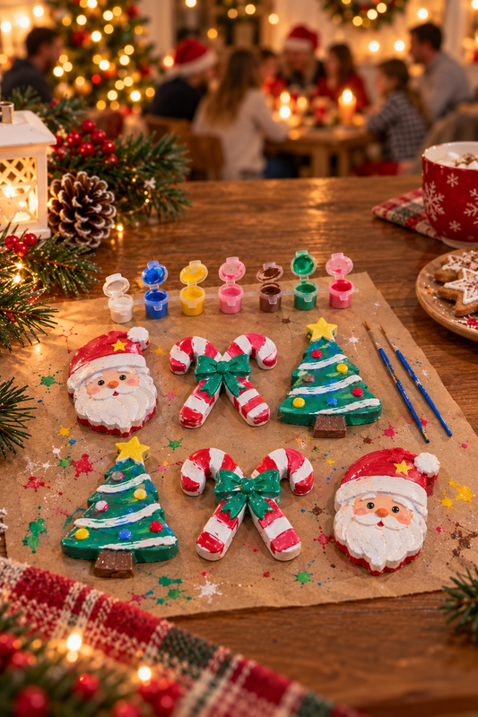 Figuras de Natal em gesso pintadas por crianças com tintas e pincéis numa atividade criativa de Natal
