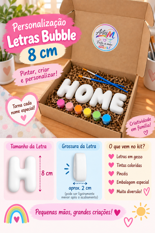 Infográfico Letras Bubble 8cm HOME em gesso para pintar com medidas e conteúdo do kit