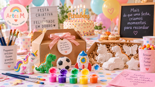 Festa de aniversário infantil com atividades criativas, figuras de gesso para pintar, tintas e pincéis Artes M