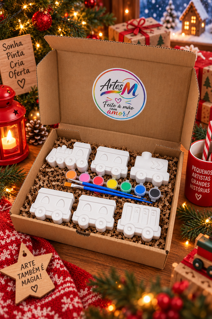 Caixa Criativa Comboio com peças de gesso para pintar, uma prenda de Natal criativa para crianças