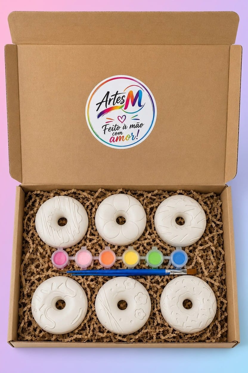 Caixa Criativa Donuts com seis donuts de gesso, seis tintas e dois pincéis