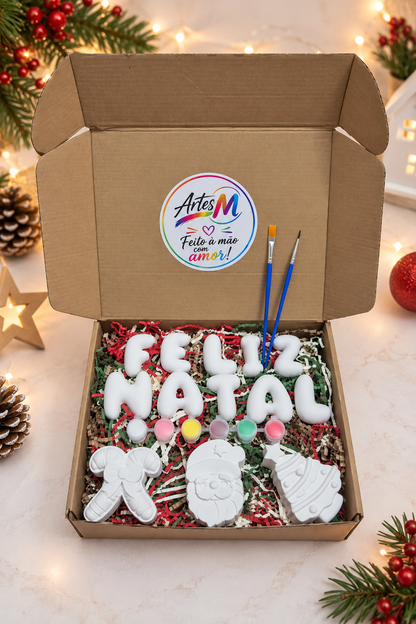 Caixa Criativa Feliz Natal para crianças com Letras Bubble, figuras de gesso, tintas e pincéis para pintar