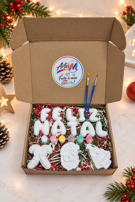 Caixa Criativa Feliz Natal para crianças com Letras Bubble, figuras de gesso, tintas e pincéis para pintar
