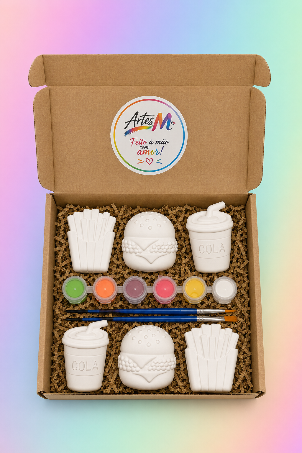 Caixa Criativa Hambúrguer, Batatas & Cola com seis figuras de gesso, seis tintas e dois pincéis