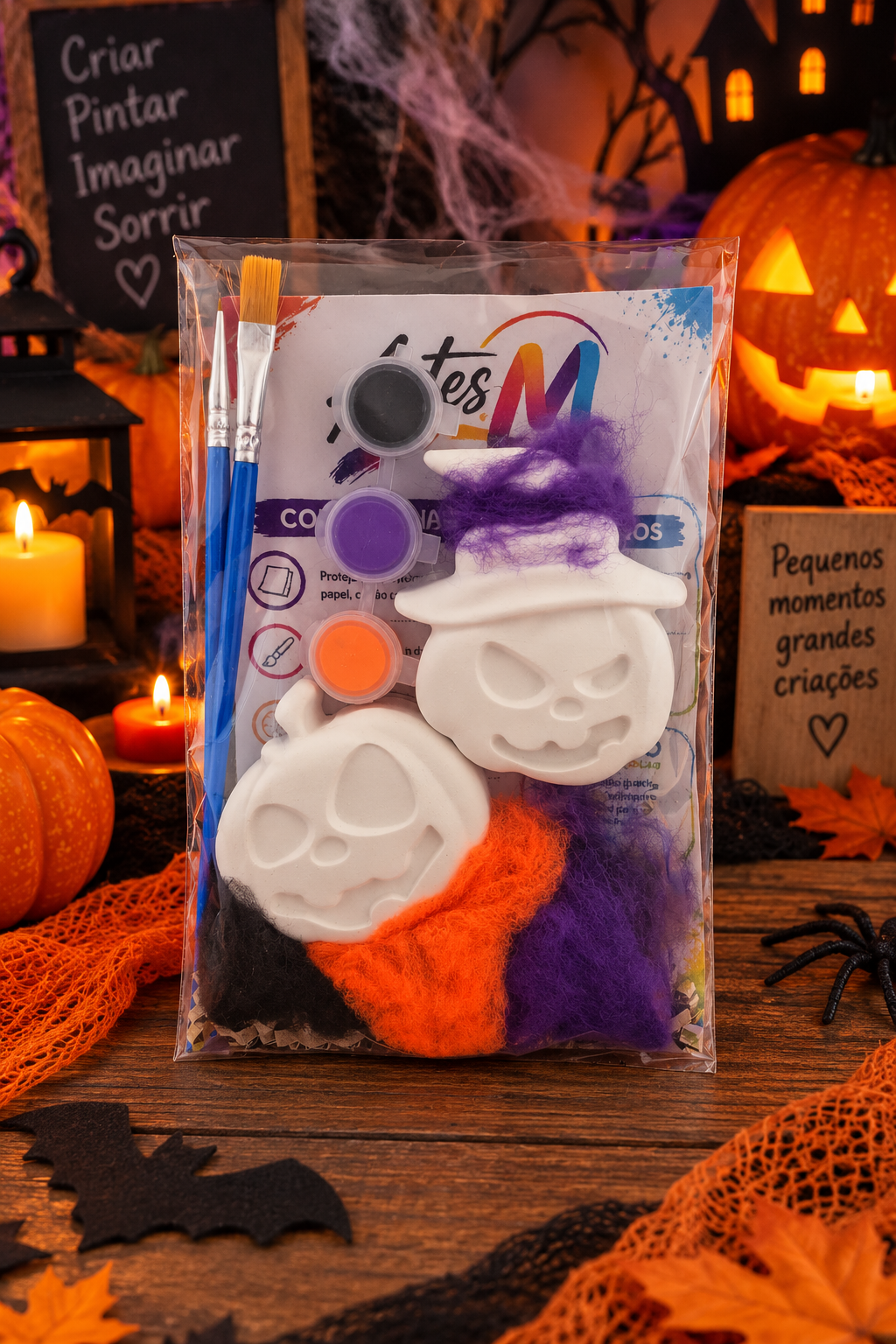Kit Halloween para crianças com duas abóboras de gesso, 3 tintas e 2 pincéis para pintar