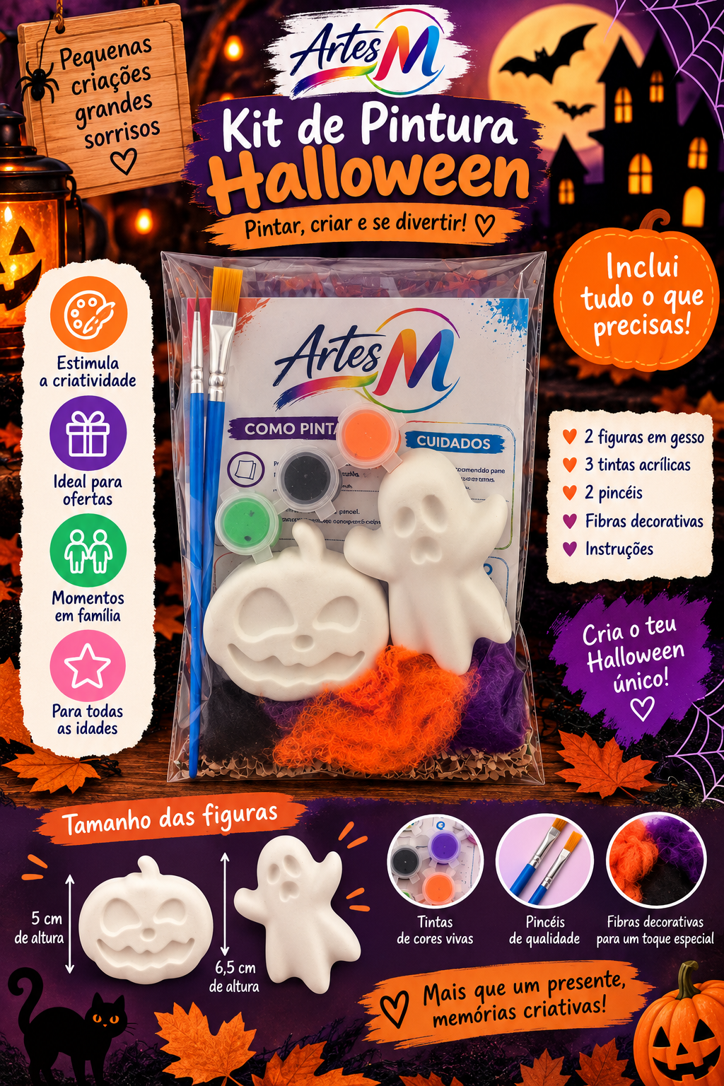 Infográfico do Kit Halloween com abóbora e fantasma de gesso, 3 tintas, 2 pincéis e medidas das peças