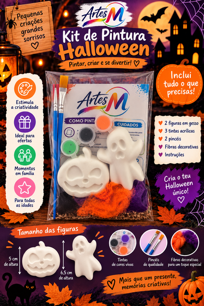 Infográfico do Kit Halloween com abóbora e fantasma de gesso, 3 tintas, 2 pincéis e medidas das peças