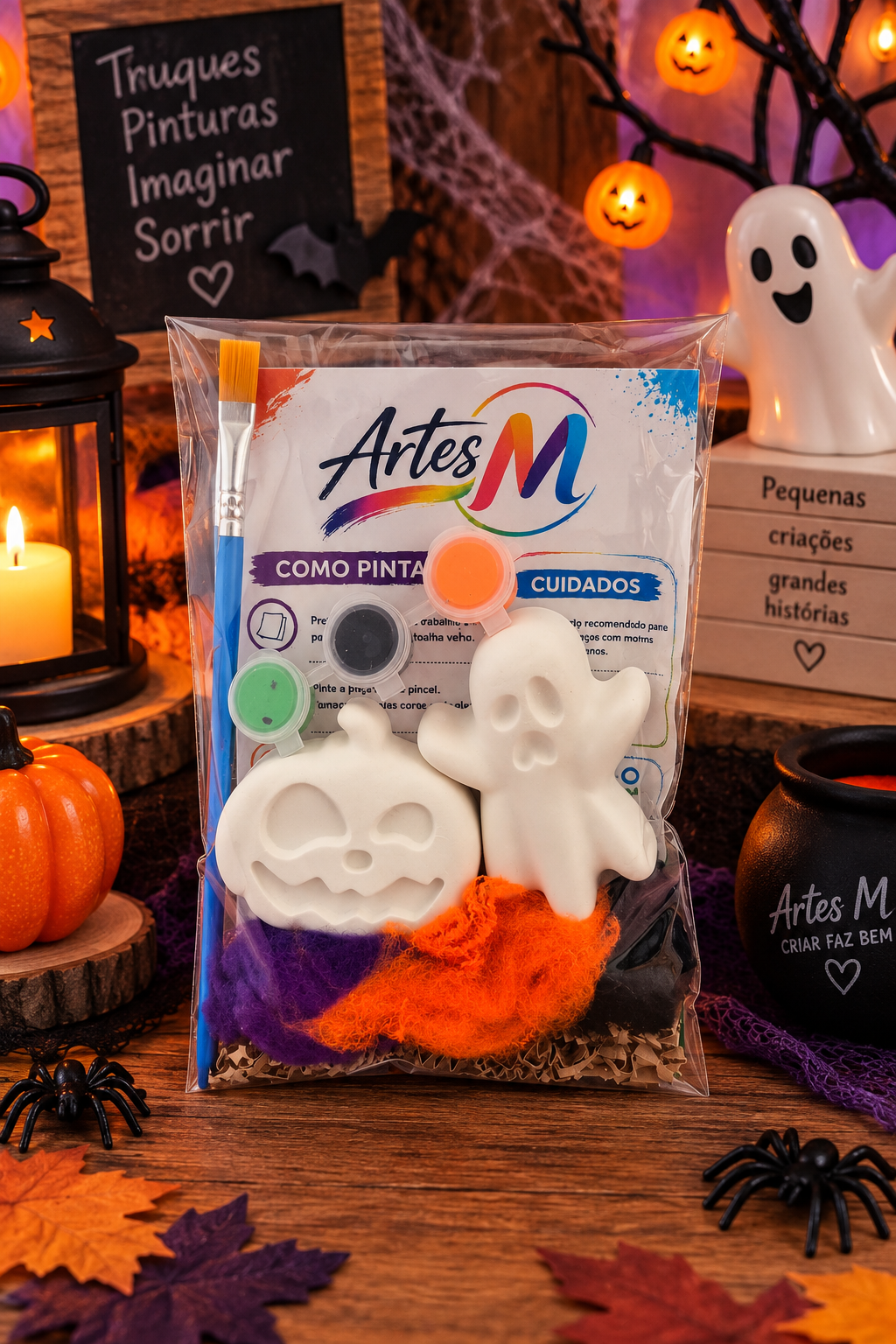 Kit Halloween para crianças com abóbora e fantasma de gesso, 3 tintas e 2 pincéis para pintar