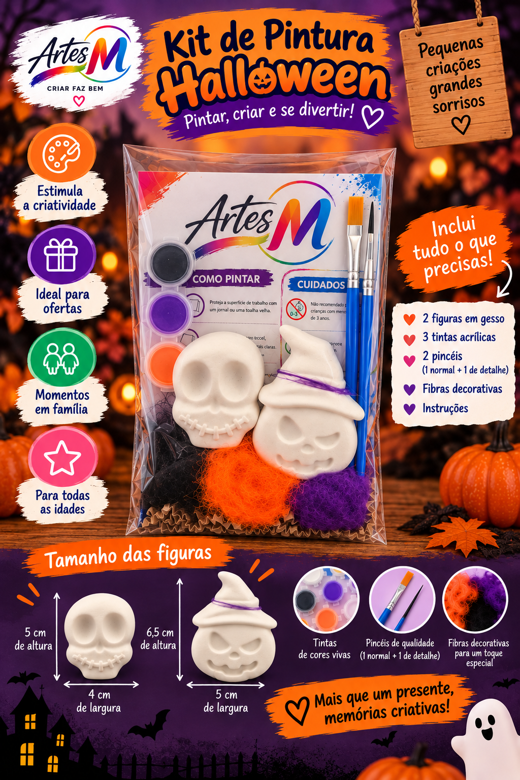 Infográfico do Kit Halloween com caveira e abóbora com chapéu de gesso, tintas, pincéis e medidas das figuras