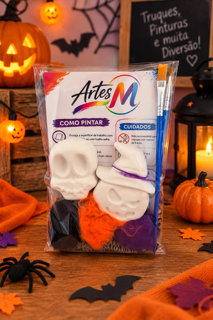 Kit Halloween para crianças com caveira e abóbora com chapéu de gesso, 3 tintas e 2 pincéis para pintar