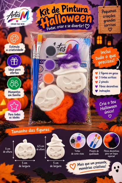 Infográfico do Kit Halloween com duas abóboras de gesso, 3 tintas, 2 pincéis e medidas das peças