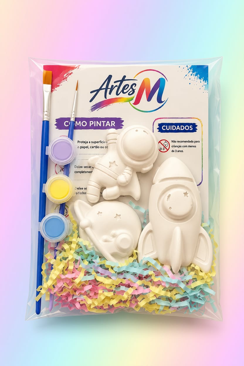 Kit lembrança astronauta com três figuras de gesso, três tintas e dois pincéis para pintar