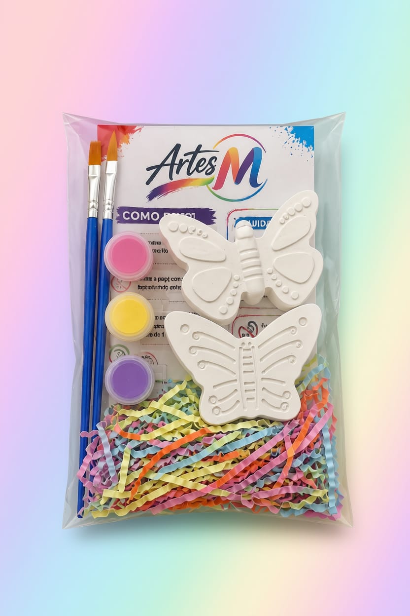 Kit lembrança borboletas com duas figuras de gesso, três tintas e dois pincéis para pintar
