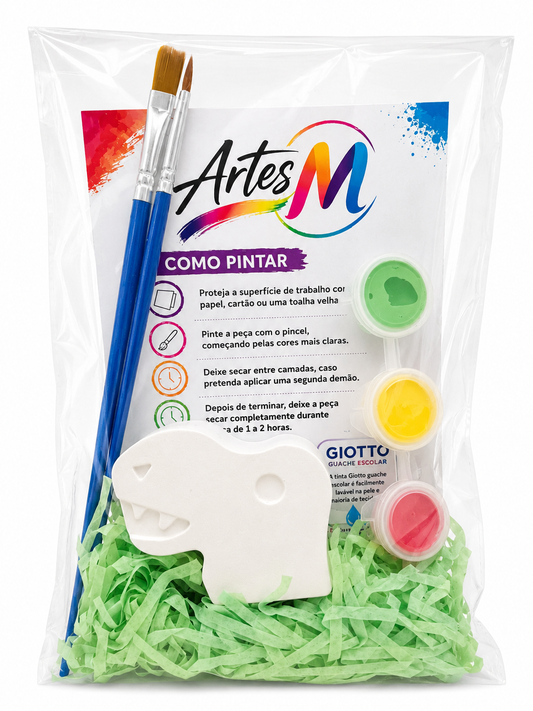 Kit lembrança dinossauro com figura de gesso, três tintas e dois pincéis para pintar