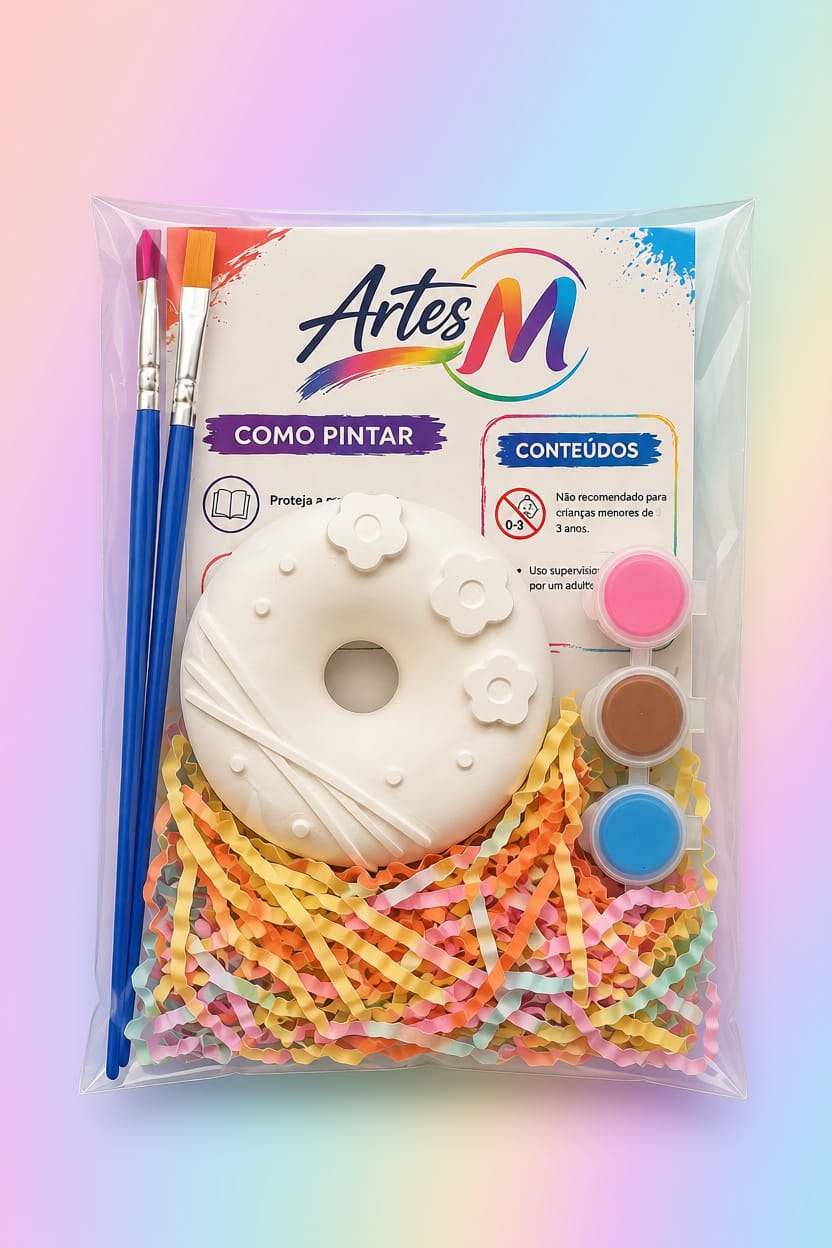 Kit lembrança donut com figura de gesso, três tintas e dois pincéis para pintar