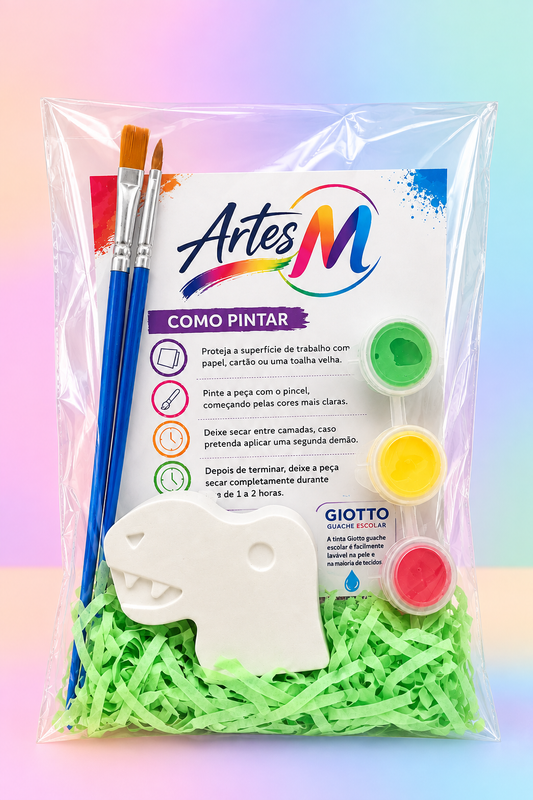 Kit lembrancinha dinossauro para festas infantis com figura de gesso, 3 tintas e 2 pincéis para pintar