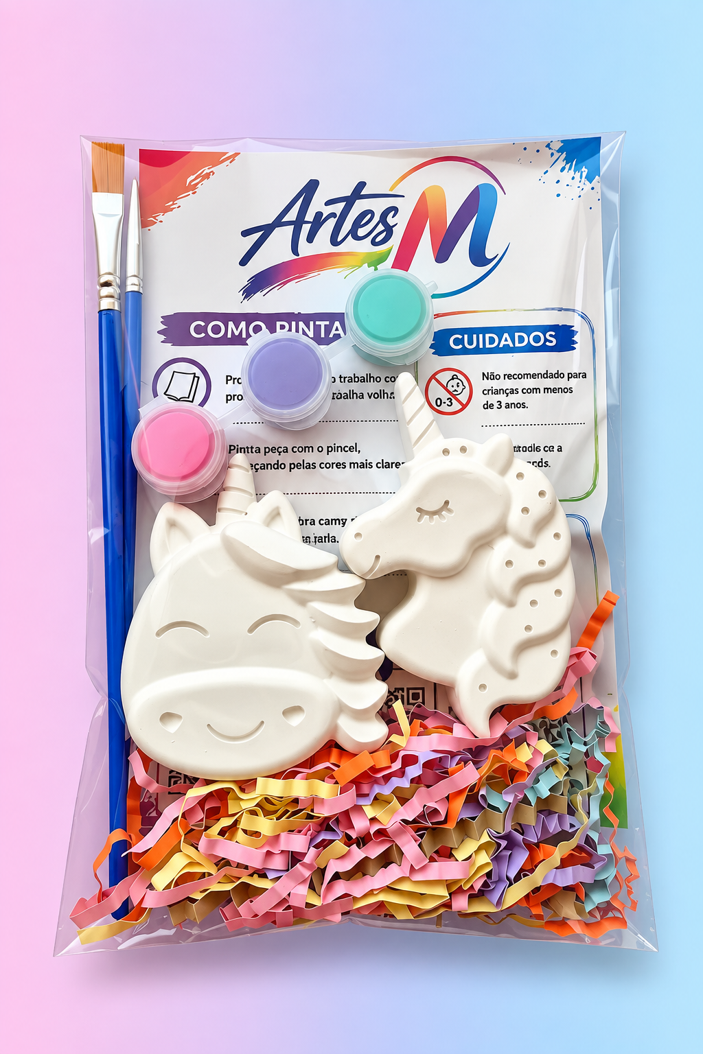 Kit lembrancinha unicórnios para festas infantis com 2 figuras de gesso, 3 tintas e 2 pincéis para pintar