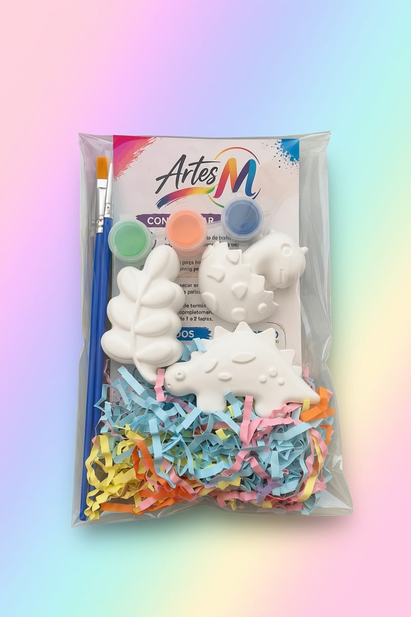 Lembrança de aniversário Dinossauros com figuras de dinossauros de gesso, três tintas e dois pincéis