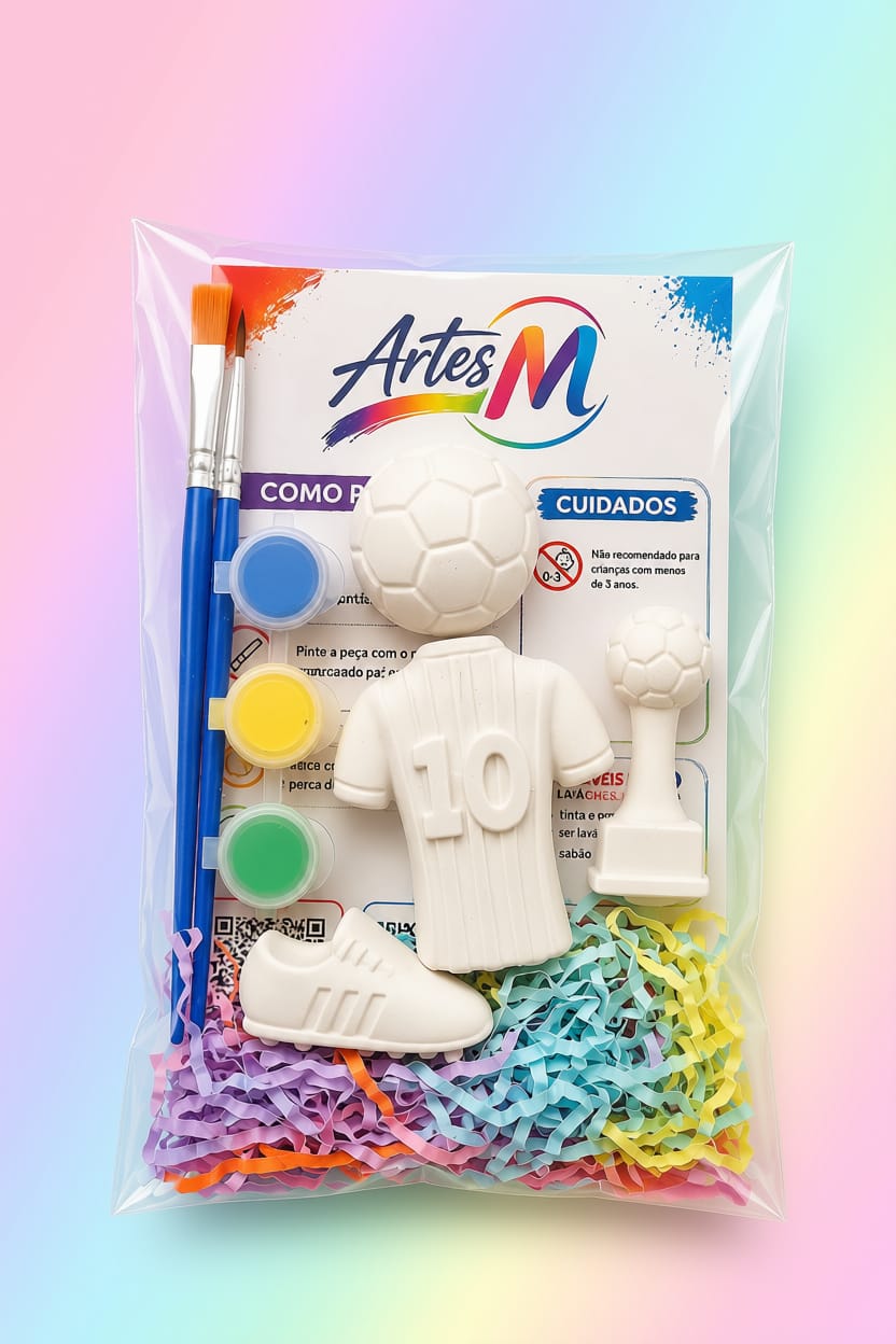 Lembrança de aniversário Futebol com figuras de gesso, três tintas e dois pincéis