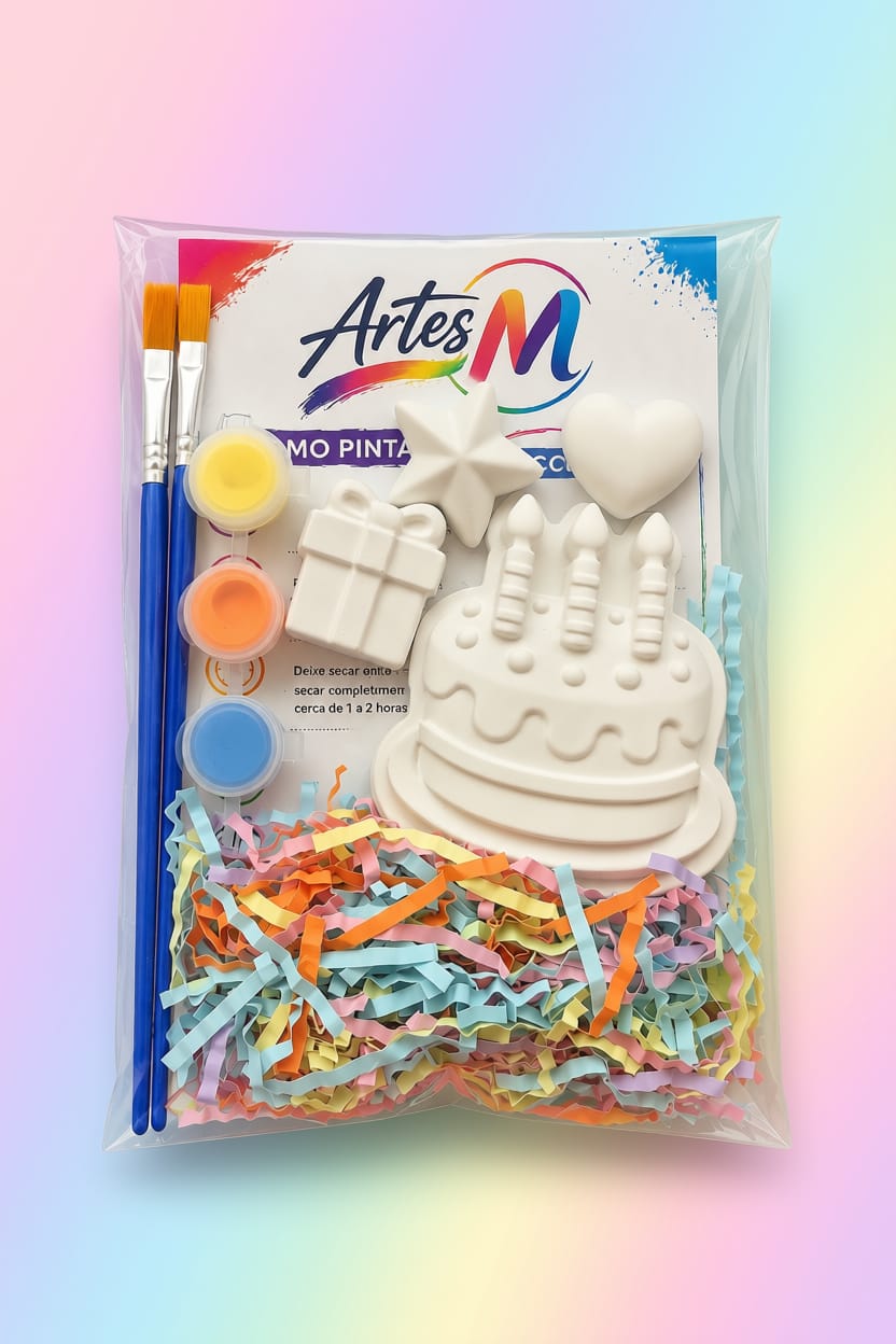 Lembrança de aniversário com bolo, presente, estrela e coração de gesso, três tintas e dois pincéis