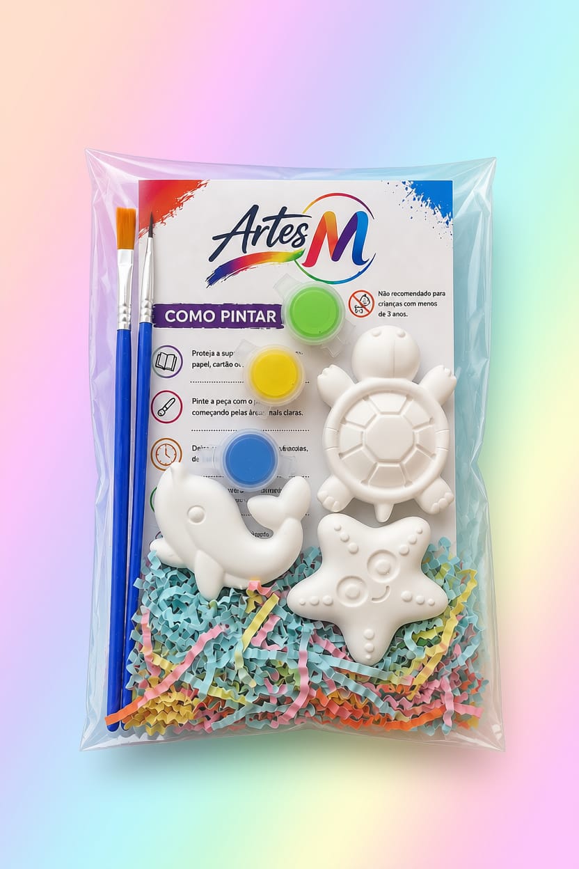 Lembrança de aniversário Oceano com golfinho, tartaruga e estrela-do-mar de gesso, três tintas e dois pincéis