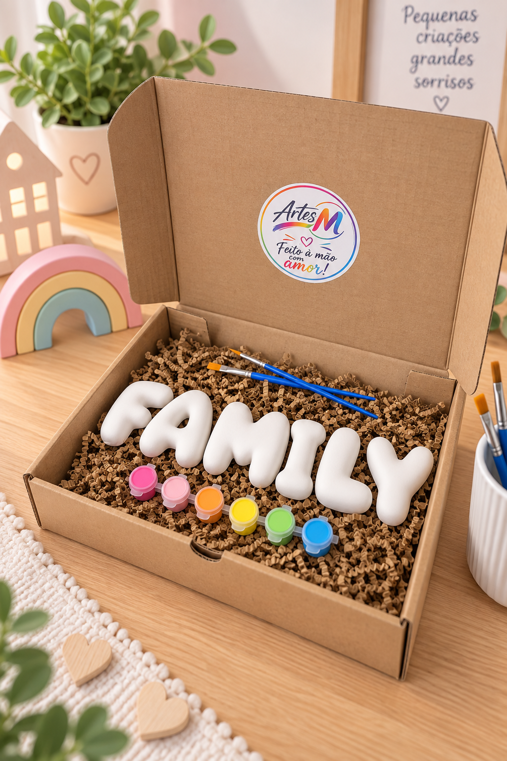 Letras Bubble 8cm FAMILY em gesso para pintar com 6 tintas e 2 pincéis