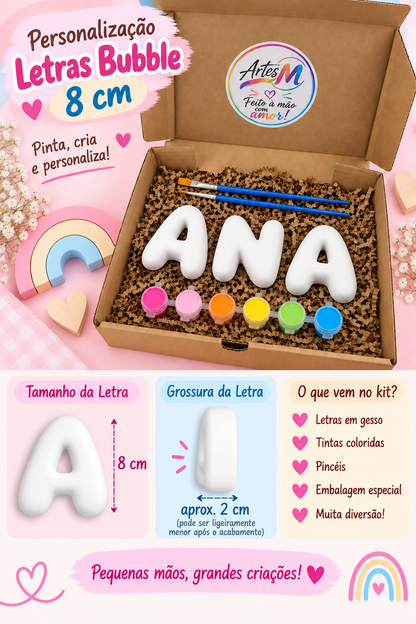 Infográfico Letras Bubble 8cm nome ANA em gesso para pintar com medidas e conteúdo do kit