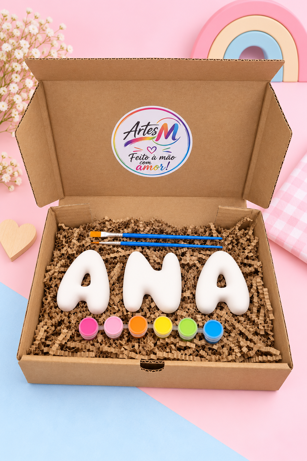Letras Bubble 8cm com nome personalizado para menina, 6 tintas e 2 pincéis