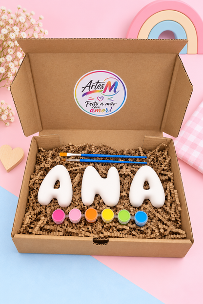 Letras Bubble 8cm com nome personalizado para menina, 6 tintas e 2 pincéis