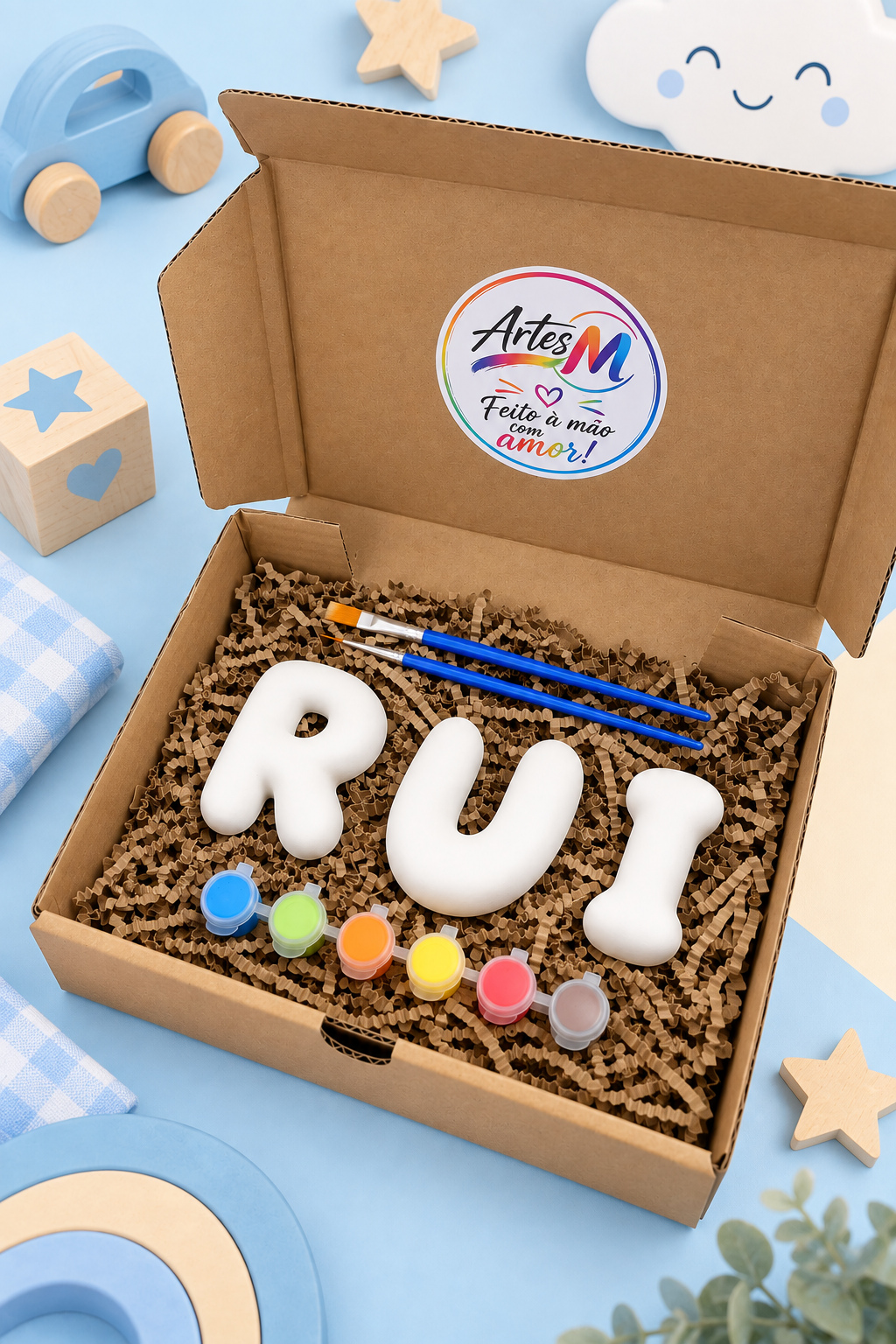 Letras Bubble 8cm com nome personalizado para menino, 6 tintas e 2 pincéis