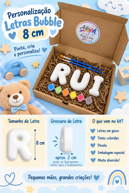 Infográfico Letras Bubble 8cm nome RUI em gesso para pintar com medidas e conteúdo do kit