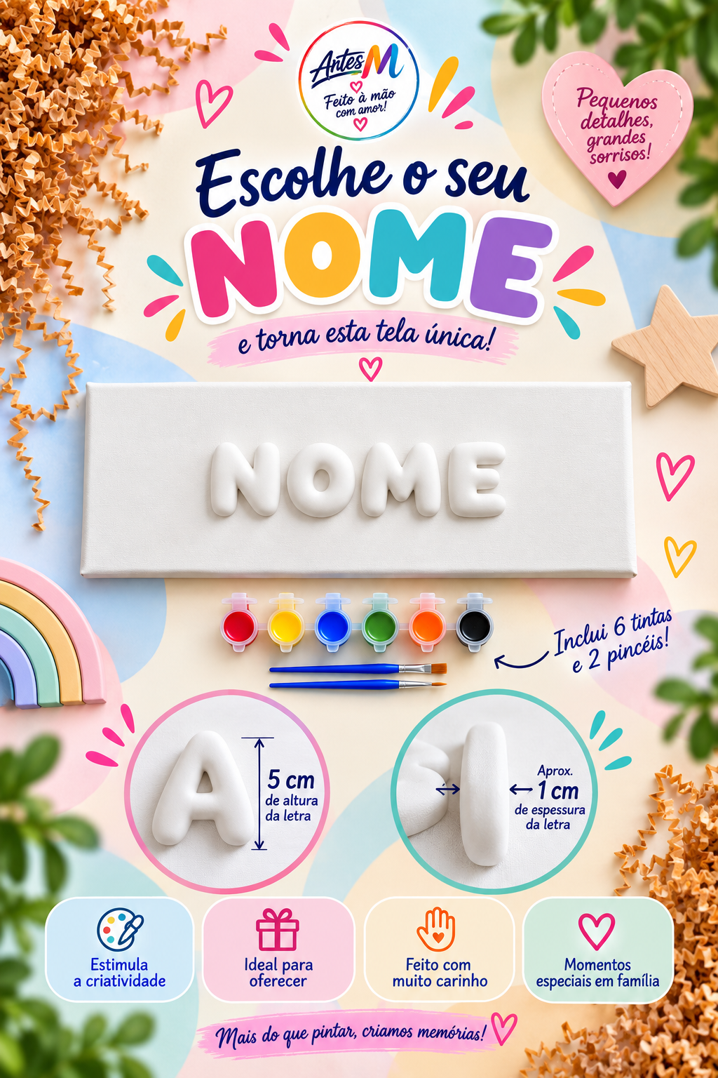 Tela personalizada com nome em Letras Bubble de 5 cm de gesso para pintar, com 6 tintas e 2 pincéis