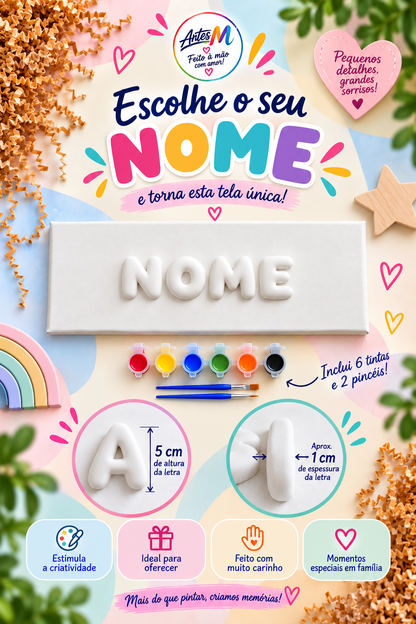 Tela personalizada com nome em Letras Bubble de 5 cm de gesso para pintar, com 6 tintas e 2 pincéis
