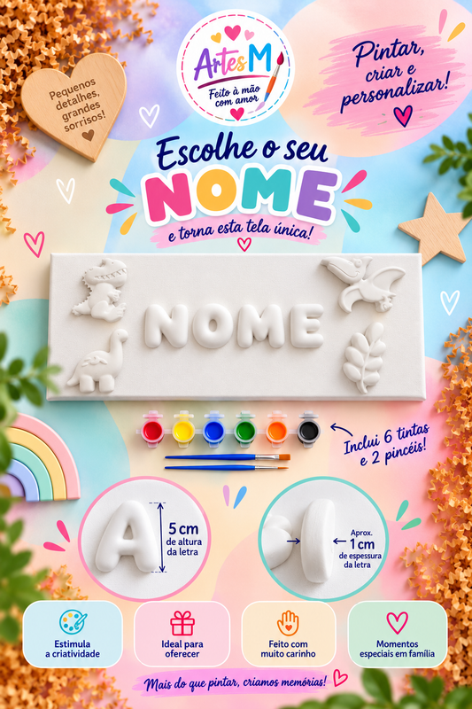 Tela Personalizada com Nome – Letras Bubble 5cm + Dinossauros
